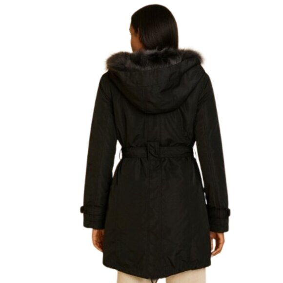 Women’s Black Fur-Trimmed Parka – Dyed Rabbit Lining Fox Trim Belted SZ Med New - Picture 2 of 2